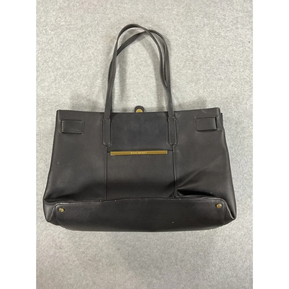 Steve Madden Black Faux Leather Tote Bag Gold Hardware Large Shopper Handbag